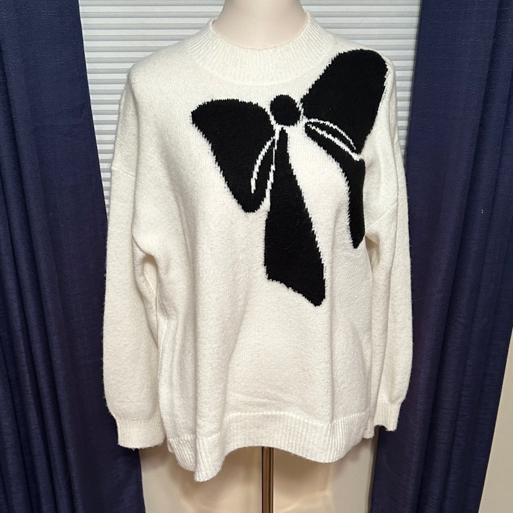LOFT Black and Cream Bow Sweater
